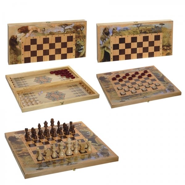 Набор игр большой 3 в 1 Сафари (шахматы, шашки, нарды) 50х50см