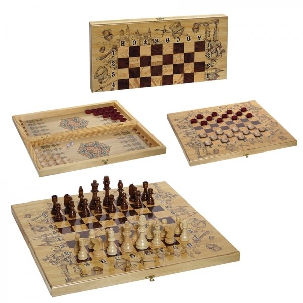 Набор игр большой 3 в 1 Рыцарь (шахматы, шашки, нарды) 50х50см