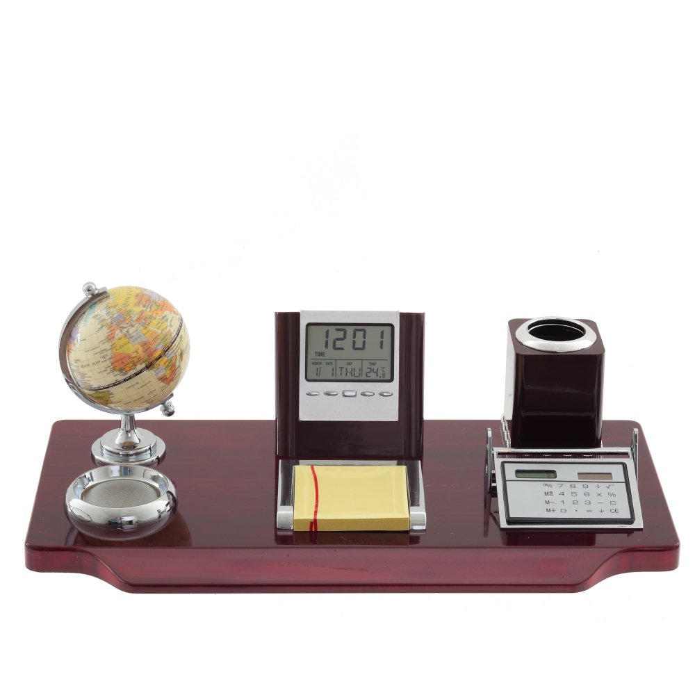 Настольный набор (глобус, часы, карандашница, калькулятор, блок для записей), L43 W23 H16 см