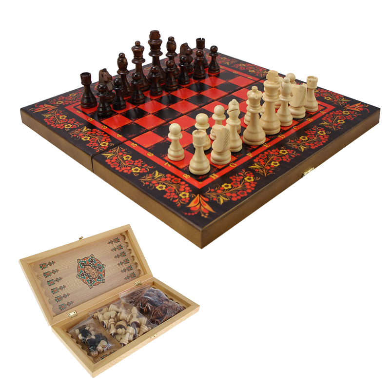 Подарочный набор игр шахматы нарды, шашки с доской Хохлома красная