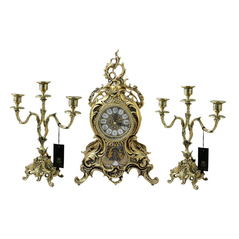 Часы антикварные каминные с маятником с канделябрами Дон Хуан Ласу, Bello De Bronze, Bello De Bronze