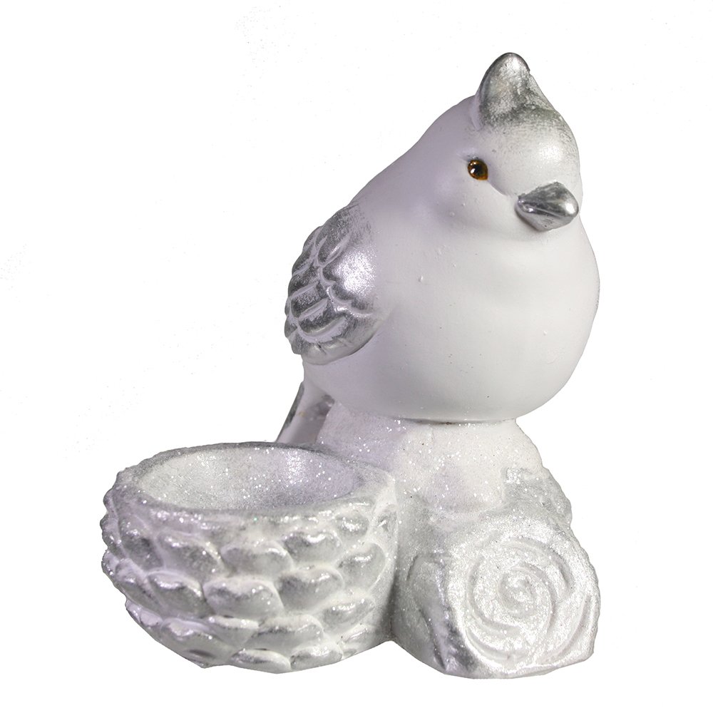 Фигура декоративная подсвечник Птичка у шишечки (белый+серебро)