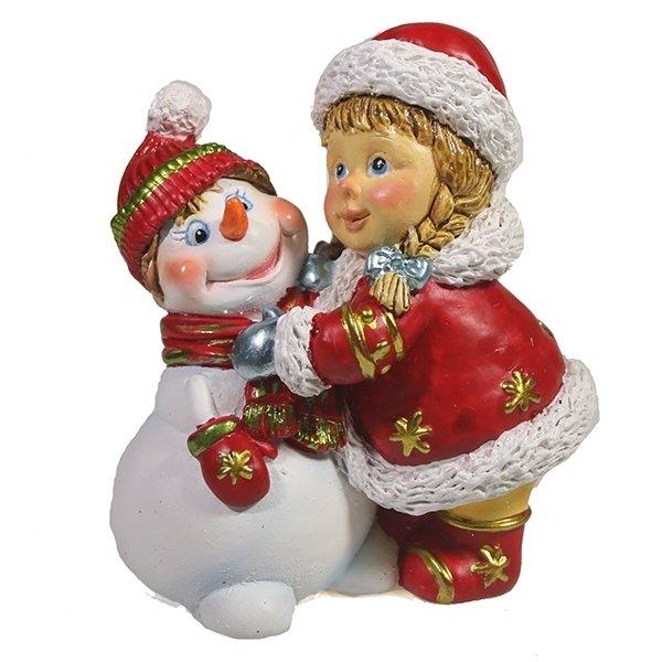Фигура декоративная Девочка и снеговик (красный), 8.5*5*9.5см