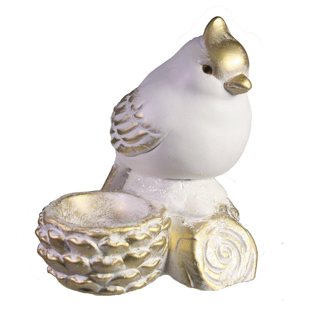 Фигура декоративная подсвечник Птичка у шишечки (белый+золото)
