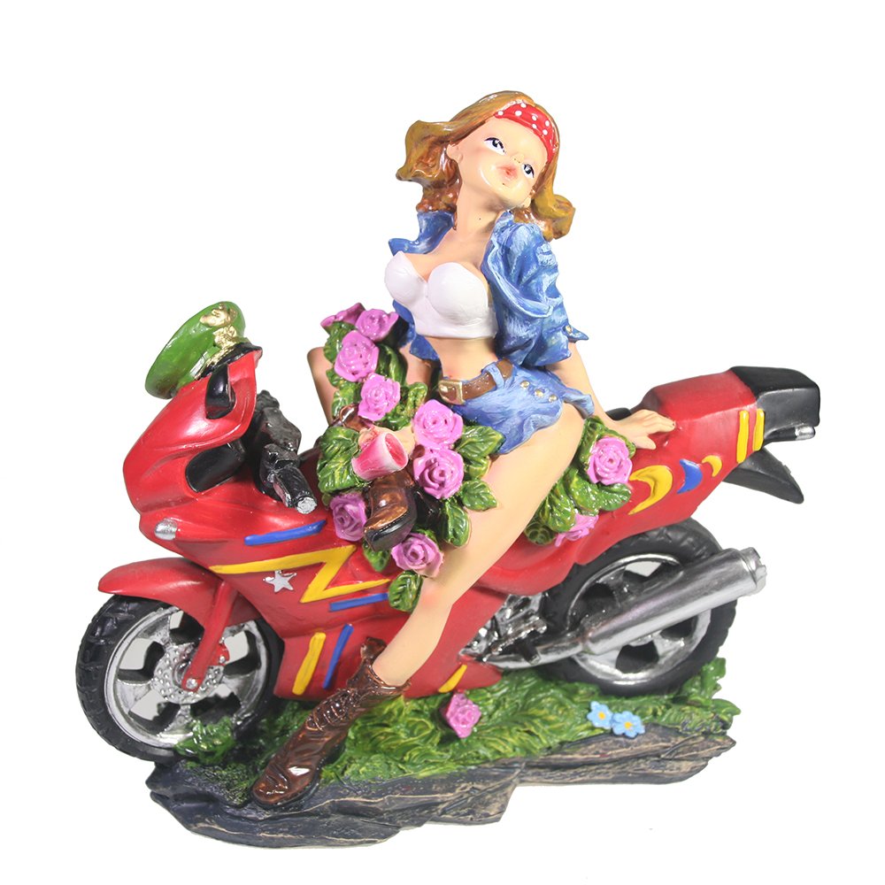 Фигура декоративная Девушка на мотоцикле (костюм: джинс + байк: красный)19*18*5см