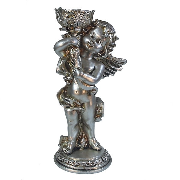 Изделие декоративное Ангелочек с подсвечником в правой руке (цвет серебро), размер 11*9*22см