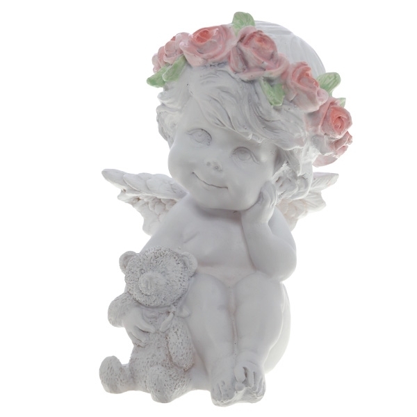 Фигура декоративная Ангелочек с медведем (цвет белый), 9,5*9,5*13 cм