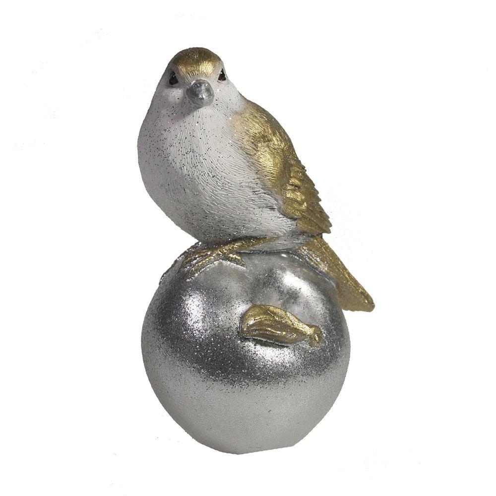 Фигура декоративная Птичка на яблоке (золото+серебро) 6,5*8 *12,5см