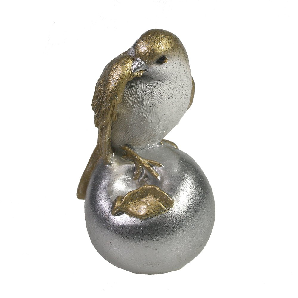 Фигура декоративная Птичка на яблоке чистит перья (золото+серебро) 7,5*6,5*12см