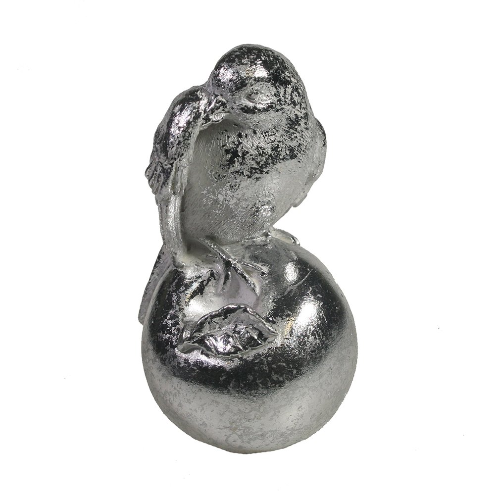 Фигура декоративная Птичка на яблоке чистит перья (серебро) 7,5*6,5*12
